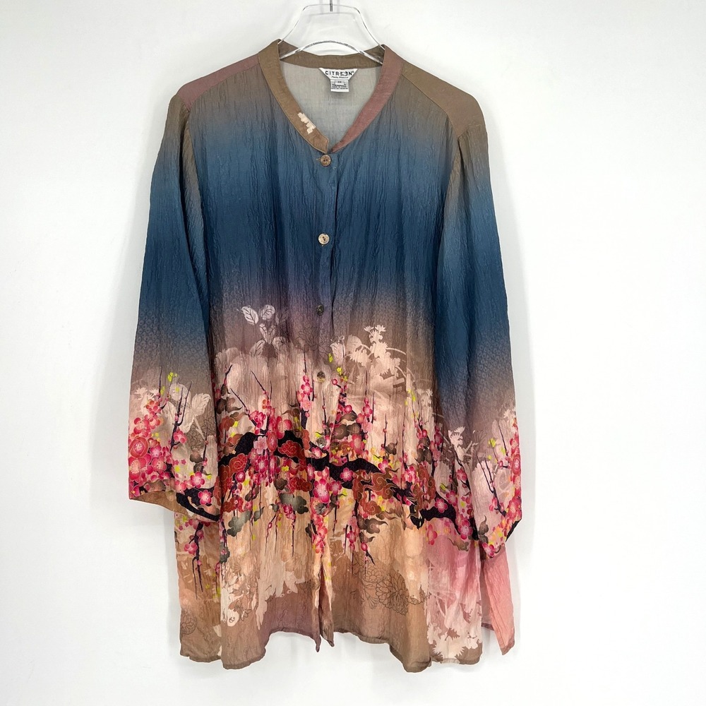 Citron Top Womens 3X Floral Cherry Blossom Asian Silk Blouse Artsy Colorful